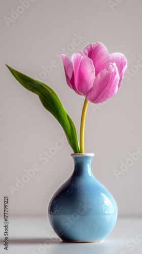 Pink Tulip in Blue Ceramic Vase on a Textured Surface in Soft Light