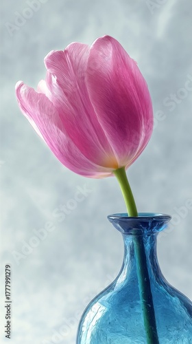 Pink Tulip in Blue Vase Against Soft Background Highlighting Elegance and Beauty