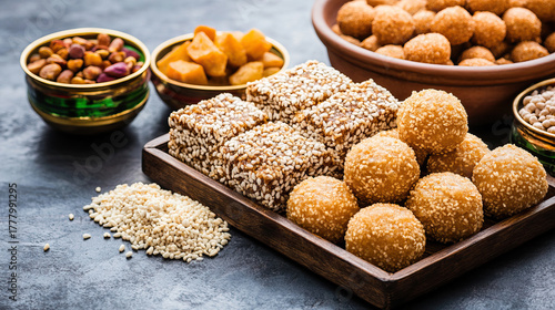 Traditional Indian sweets arranged with sesame seeds and jaggery for Makar Sankranti offering