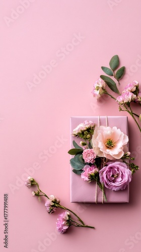 Beautiful Pink Gift Wrapped With Flowers on Pastel Background for Special Occ...