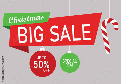 Christmas big sale announcement with candy cane and baubles featuring up to 50 percent off special deal vector illustration