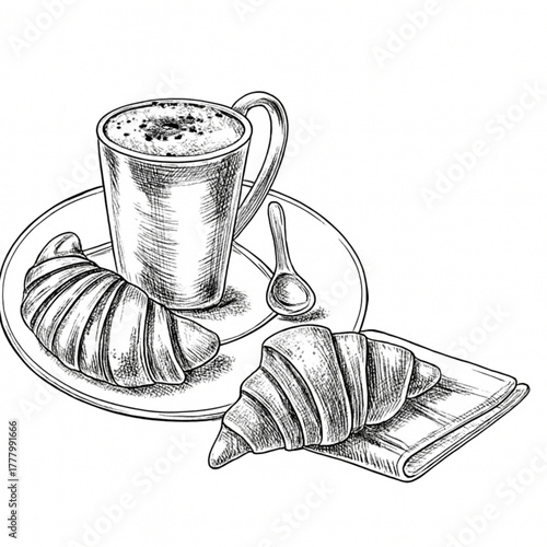 Enjoy a delightful morning with freshly baked croissants and creamy latte, a perfect start to your day, originally vector art