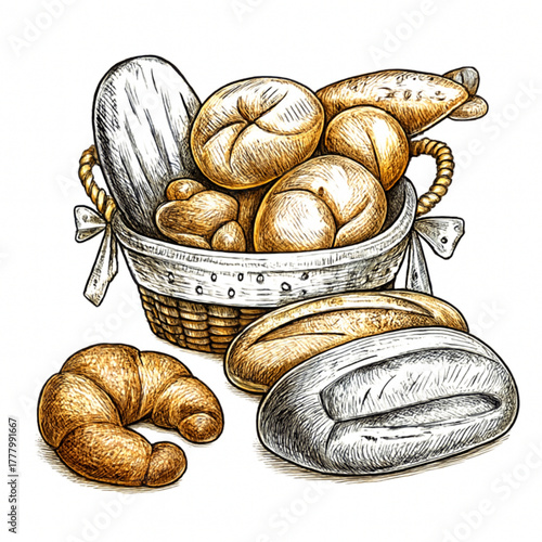 Artistic bread assortment in basket, freshly baked goods, perfect for bakery promotions, cafe menus and food blogs