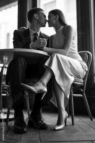 Romantic Parisian Cafe Encounter: A Young Couple Sharing a Kiss in Black and White