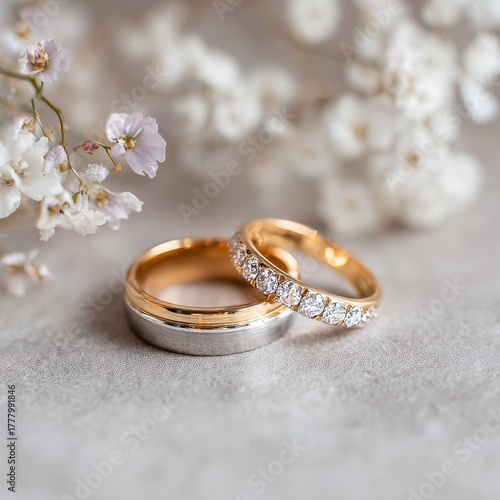 Elegant Wedding Rings Resting on Soft Fabric With Delicate Flowers in the Bac...