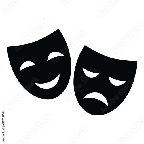 theater, drama, masks, comedy, tragedy, happy, sad, emotion, performance, acting, stage, symbol, icon, silhouette, black, white background, isolated, duality, expression, art, entertainment, contrast,