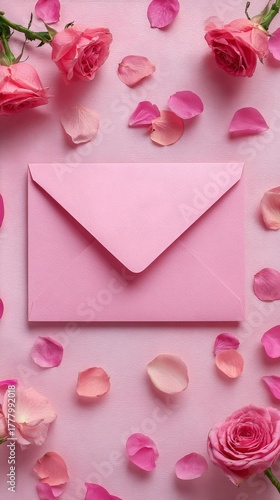 Elegant Pink Envelope Surrounded by Rose Petals on a Soft Pink Surface