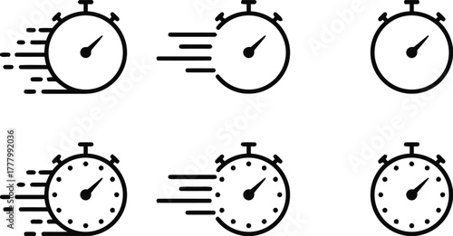 stopwatch, timer, clock, time, speed, fast, quick, motion, icon, set, collection, graphic, illustration, design, symbol, isolated, white background, speed lines, countdown, measurement, accuracy, urge
