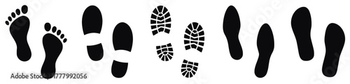 footprint, shoe print, sole, track, mark, step, human, walking, hiking, boot, shoe, silhouette, icon, symbol, black, white background, collection, set, isolated, design, graphic, illustration, imprint