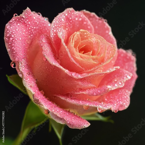 Beautiful Pink Rose With Droplets at Dawn Showcasing Natures Elegance and Detail