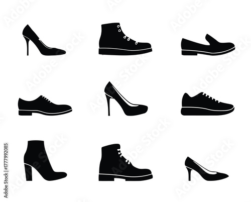 shoe, footwear, silhouette, high heel, boot, sneaker, loafer, oxford, ankle boot, fashion, style, accessory, collection, set, icon, graphic, design, isolated, white background, footwear types, women's
