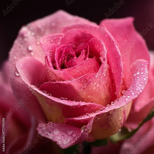 Beautiful Pink Rose With Raindrops Captured in Soft Light During a Spring Mor...