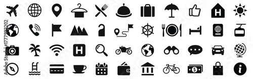 travel, tourism, vacation, trip, journey, airplane, globe, map, pin, location, hotel, house, sun, umbrella, luggage, suitcase, thumbs up, fork, knife, plate, restaurant, car, motorcycle, binoculars, c