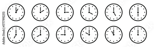 clock, time, hour, minute, second, dial, face, numbers, hands, twelve, hourly, display, measurement, analog, icon, graphic, set, collection, illustration, design, white background, isolated, schedule,