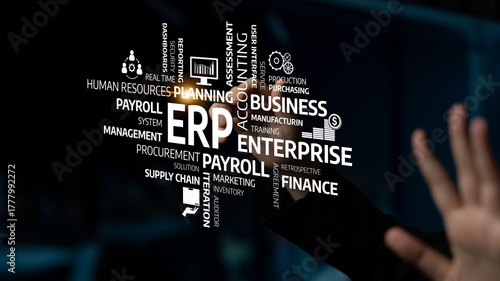Foto This image showcases a conceptual representation of modern business management, focusing on ERP systems, finance, and supply chain solutions, emphasizing efficiency and innovation