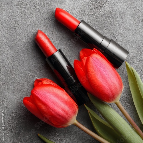 Bold Red Lipsticks Beside Vibrant Tulips on a Simple Gray Background