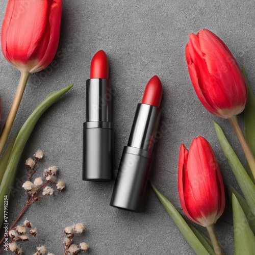 Bold Red Lipsticks Beside Vibrant Tulips on a Simple Gray Background