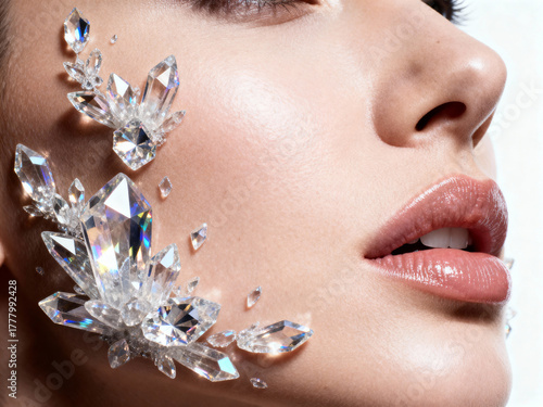 Close up of a woman's face with crystals glued on her cheek and around the eye area in bright light
