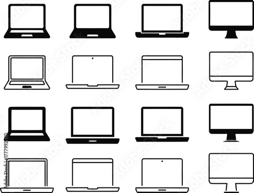 laptop, computer, monitor, screen, icon, set, collection, technology, device, portable, desktop, graphic, design, element, outline, filled, black, white, multiple, variations, display, electronic, dig