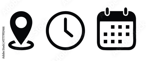 location pin, map marker, clock, time, calendar, date, icons, symbols, planning, scheduling, navigation, appointment, meeting, event, graphic, design, black and white, simple, modern, interface, user 