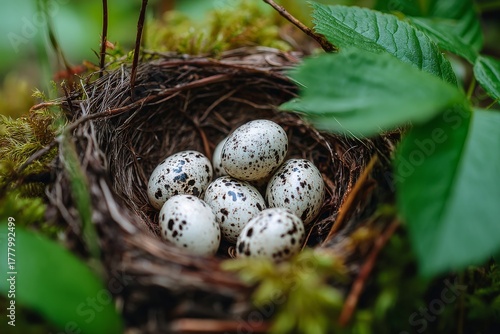 Nest Filled With Bird Eggs Hidden Among Green Leaves in a Peaceful Forest Setting