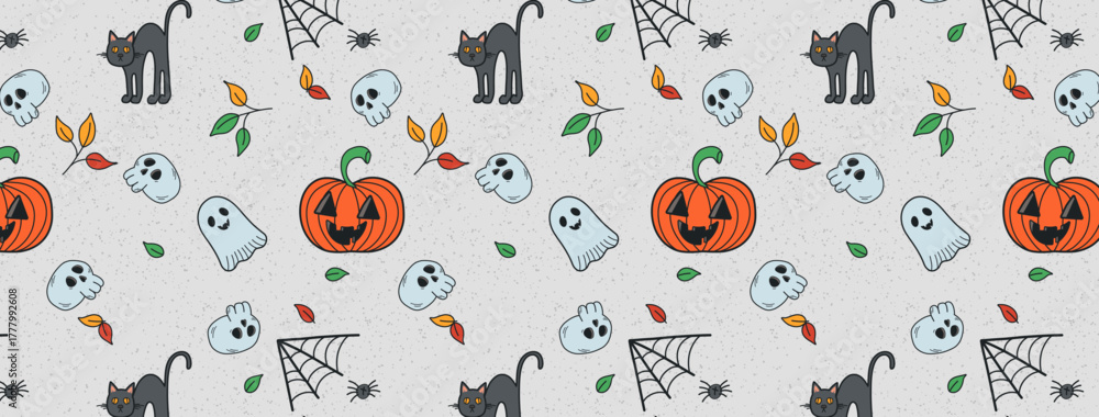 Obraz premium Happy Halloween banner on grey background vector. Cute groovy spooky ghost, pumpkin, skull, spider, black cat. Hand drawn festival wallpaper, illustration in doodle style for decoration, prints.