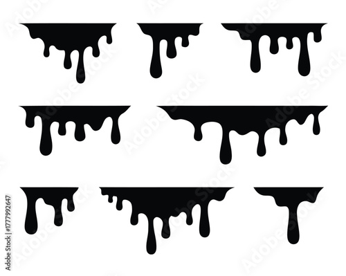 dripping, liquid, paint, ink, slime, goo, melt, drop, splatter, stain, abstract, graphic, silhouette, black, white background, isolated, set, collection, pattern, texture, fluid, viscous, sticky, dark
