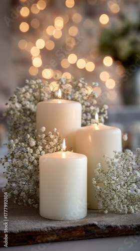 Softly Glowing Candles Surrounded by Delicate Flowers Create a Warm Atmospher...