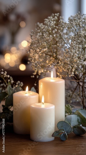 Soft Glow of Three Candles Surrounded by Delicate Flowers and Greenery on a C...