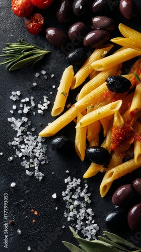 Delicious Penne Pasta With Olives, Cherry Tomatoes, and Herbs on a Dark Backg...