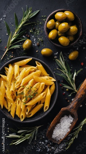 Delicious Penne Pasta With Olives, Cherry Tomatoes, and Herbs on a Dark Backg...