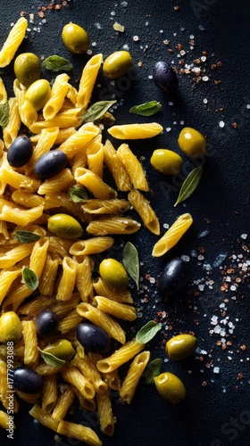 Delicious Pasta Dish With Green and Black Olives on Dark Background