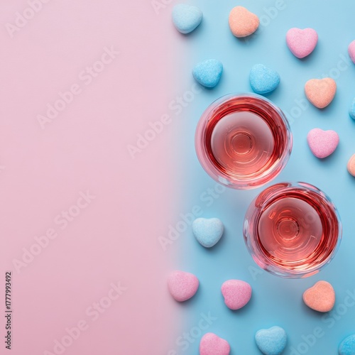Colorful Heart-Shaped Candies and Two Glasses of Drink on a Pastel Background...