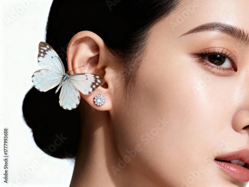 Close up of a woman's face with a butterfly on her ear and a diamond earring visible in the image