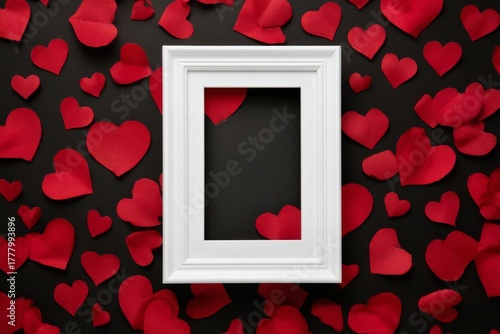 Colorful Heart-Shaped Decorations Surround an Empty White Frame on a Dark Sur...