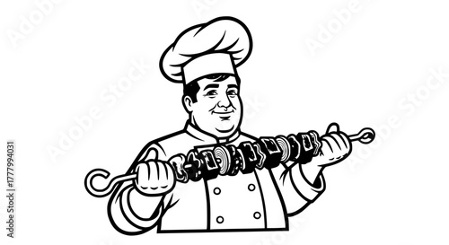 Vector of chef holding barbecue skewer with meat, outlined retro style