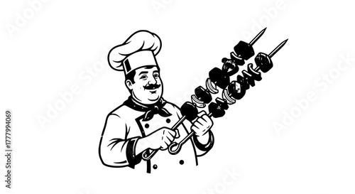 Vector of chef holding barbecue skewer with meat, outlined retro style