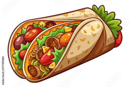 Big burrito supreme filled with fresh ingredients, isolated on white background, mexican fast food packaging, delicious food concept, authentic food photography, and tasty tortilla dish.
