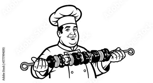 Vector of chef holding barbecue skewer with meat, outlined retro style