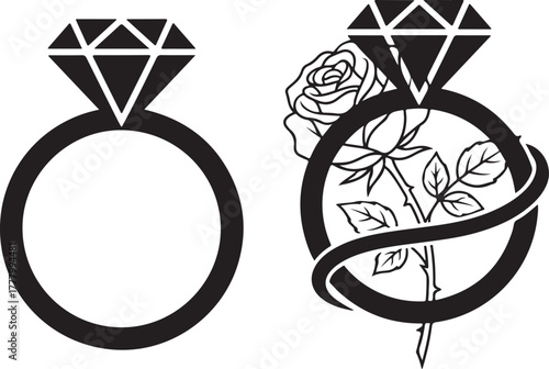 Black vector illustration set of a classic diamond engagement ring and a stylized version intertwined with a detailed rose element icon.