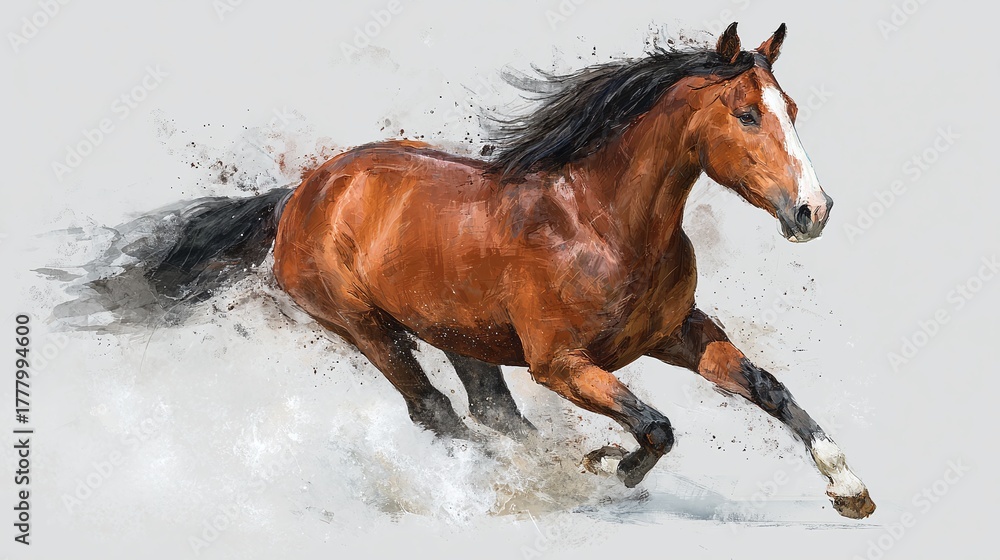 Obraz premium A majestic chestnut horse, captured in a dynamic watercolor style, gallops with wild abandon. Mane flying, a testament to nature's raw beauty and untamed spirit.