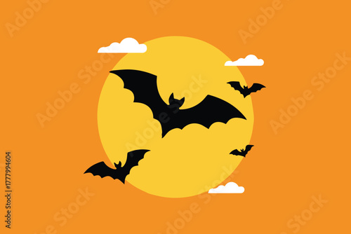 bat flying in front of full moon vector with clouds orange background