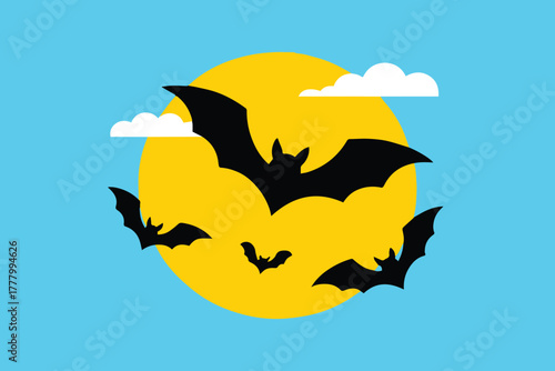 bat formation crossing full moon vector blue night sky design