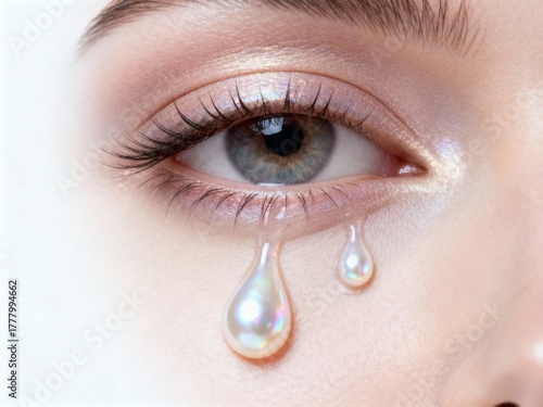 A close up of an eye with two pearl shaped tears falling down the cheek in a light setting
