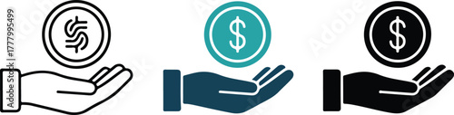 Hand holding a dollar coin icon set, including outline, solid color, and glyph styles, representing payment, finance, donation, and saving concepts.
