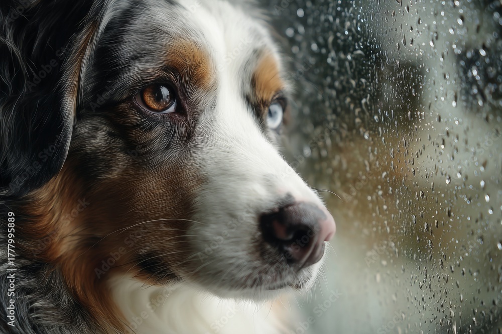 Fototapeta premium Dog with Heterochromia Looks Out a Window Covered in Raindrops During Stormy Weather; Focus on Profile View
