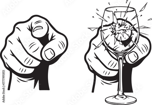 Pointing hand accusation gesture and shattering glass vector illustration set. retro graphic artwork depicting conflict and destruction.