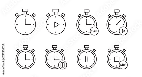 Stopwatch icon set in outline style indicating time and function