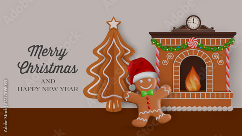 christmas card with gingerbread man, fireplace and christmas tree
