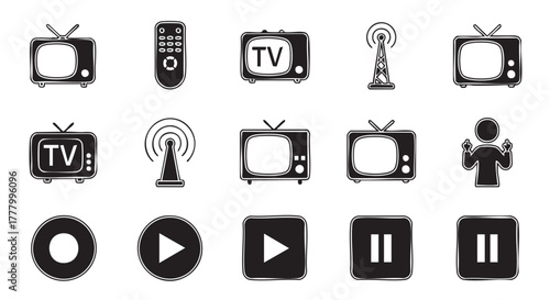 Television and remote control icon set isolated on white background